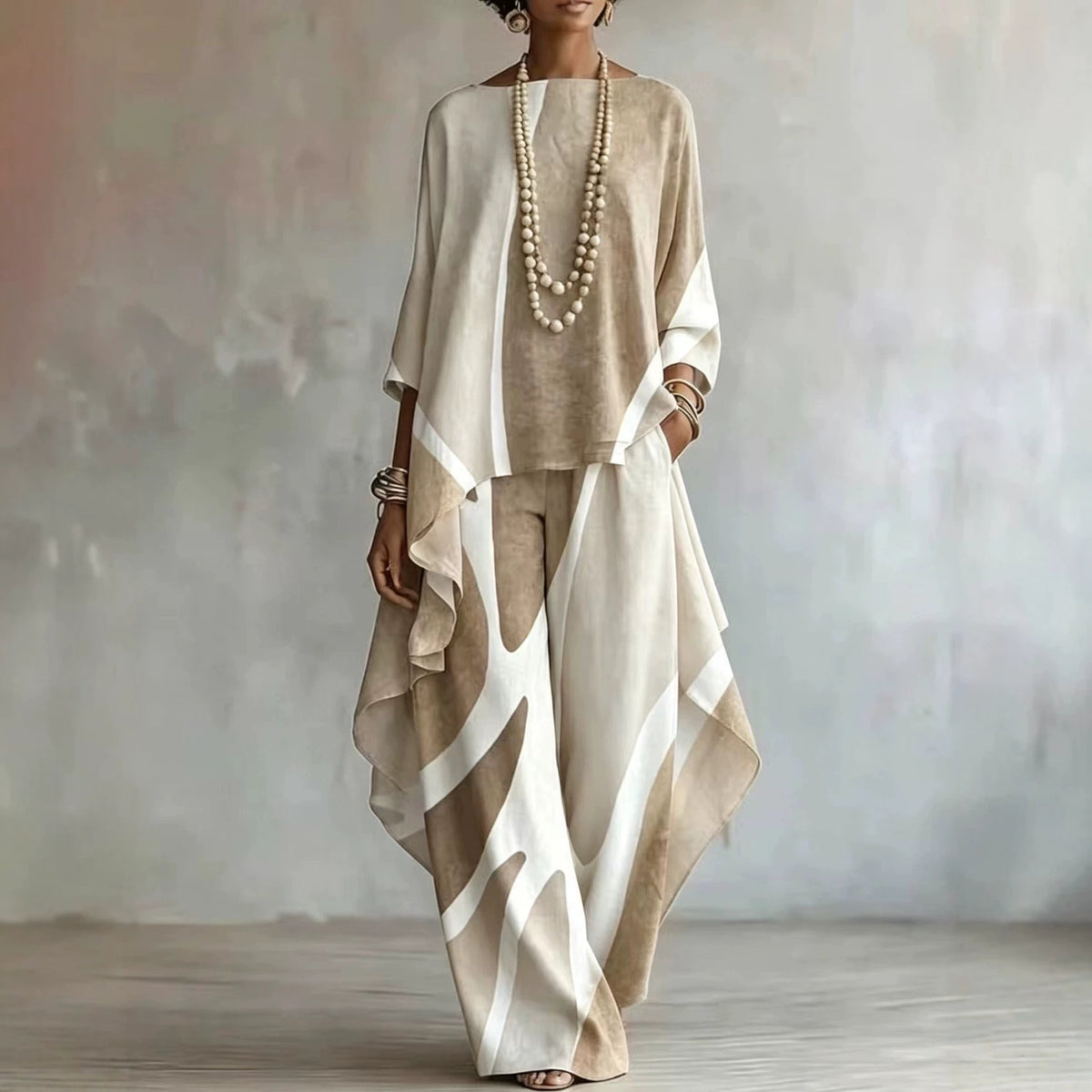 Geometric Print Top and Wide Leg Pants Set