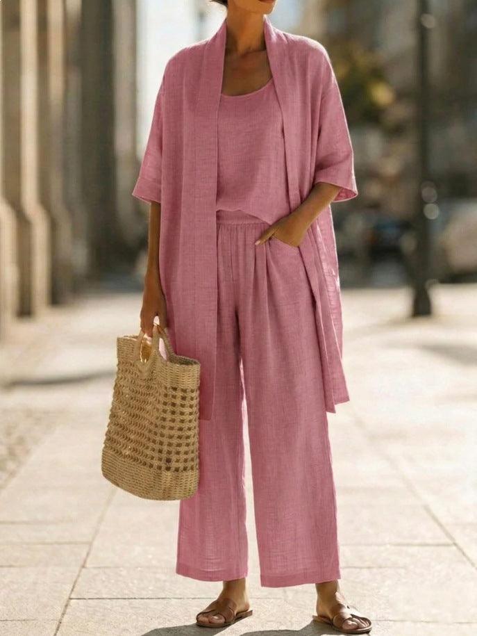 Women's Cotton-Linen Three-Piece Cardigan Set