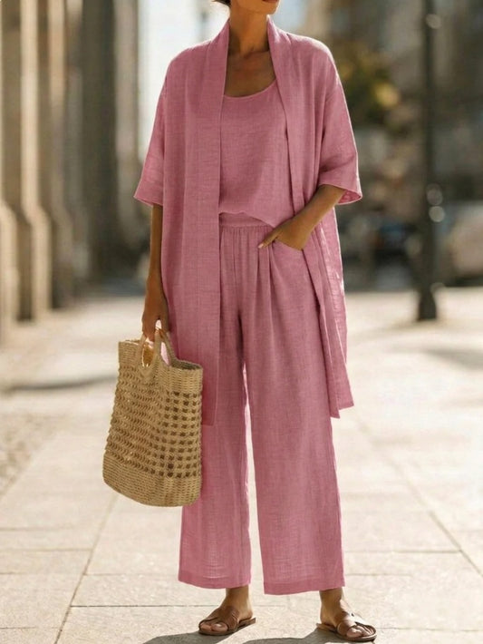 Women's Cotton-Linen Three-Piece Cardigan Set