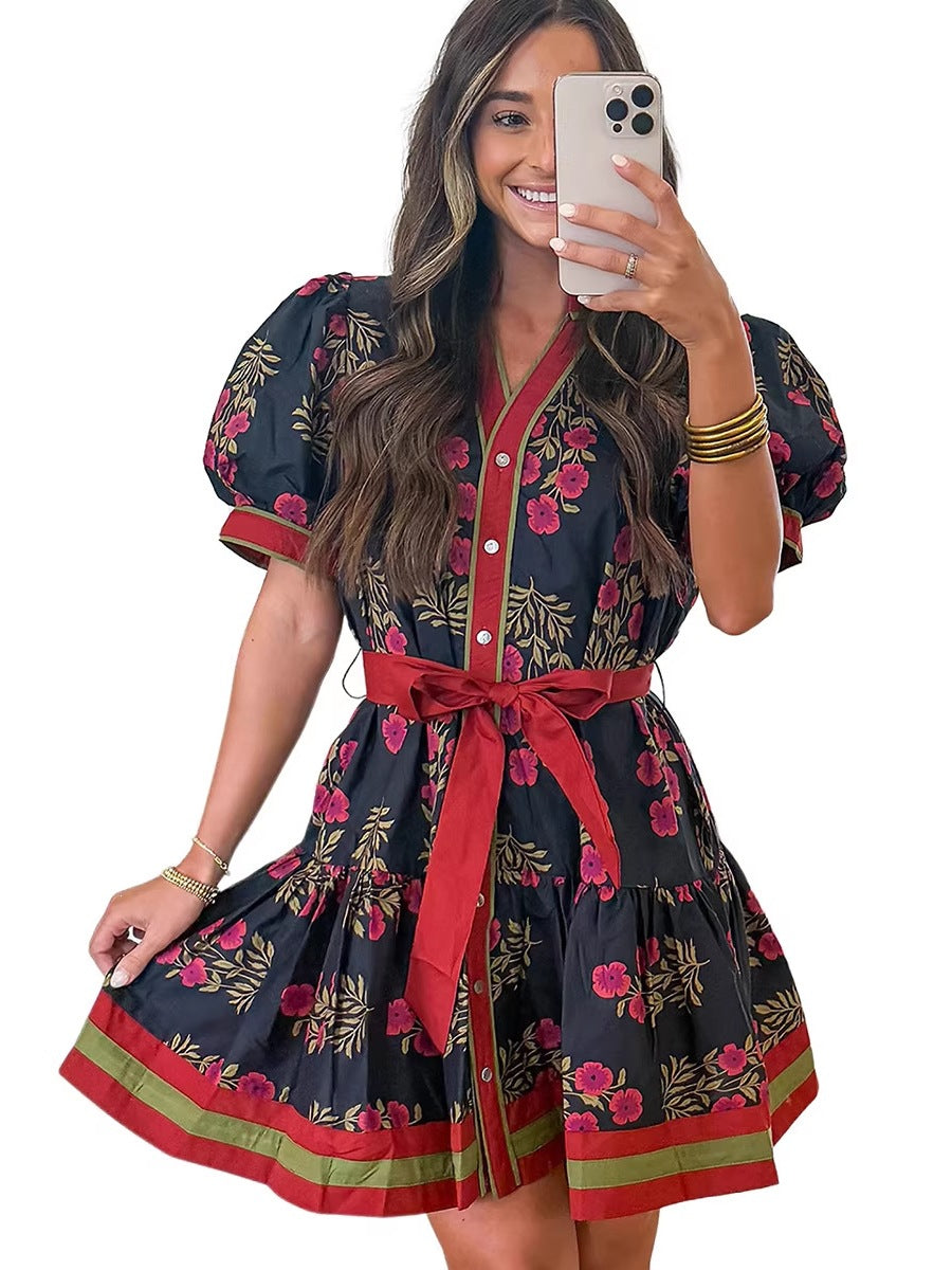 Women's Floral Print High Waist Cotton Dress