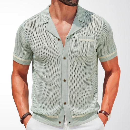 Men's Short-Sleeve Cuban Collar Knit Polo Shirt