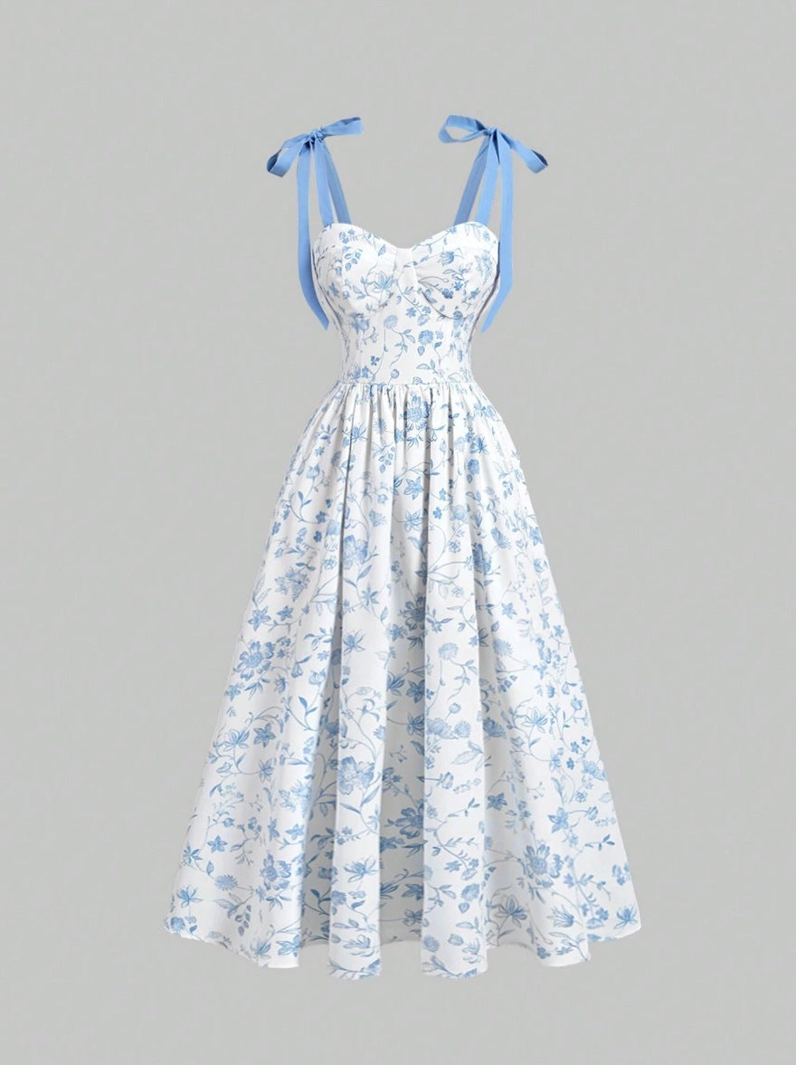 Women's Lace-Up Shoulder Floral A-Line Dress