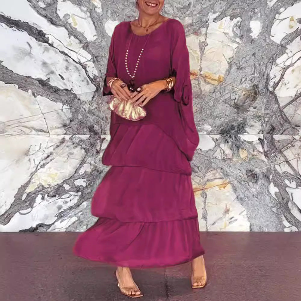 Women's Chiffon Batwing Sleeve Round Neck Long Dress