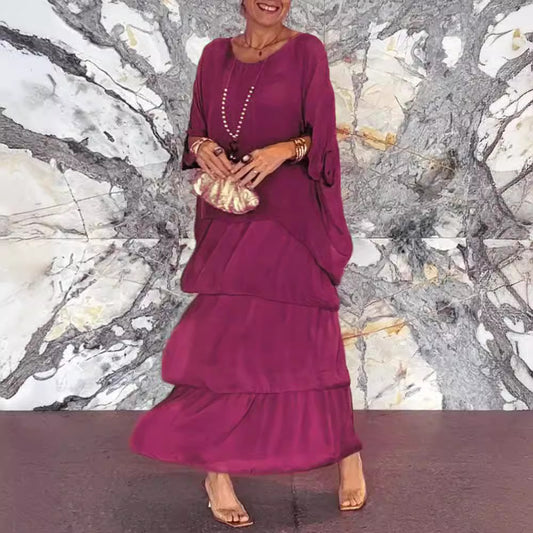 Women's Chiffon Batwing Sleeve Round Neck Long Dress