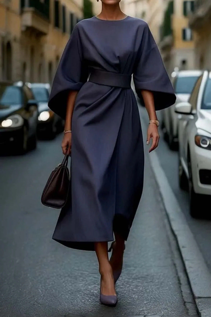 Women's Elegant Solid Color Waist-Cinching Batwing Sleeve Long Dress