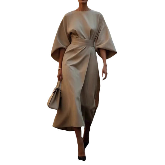 Women's Elegant Solid Color Waist-Cinching Batwing Sleeve Long Dress