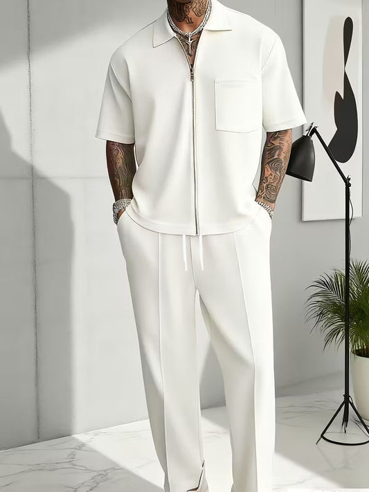 Men's Zip-Collar Short Sleeve and Pants Set