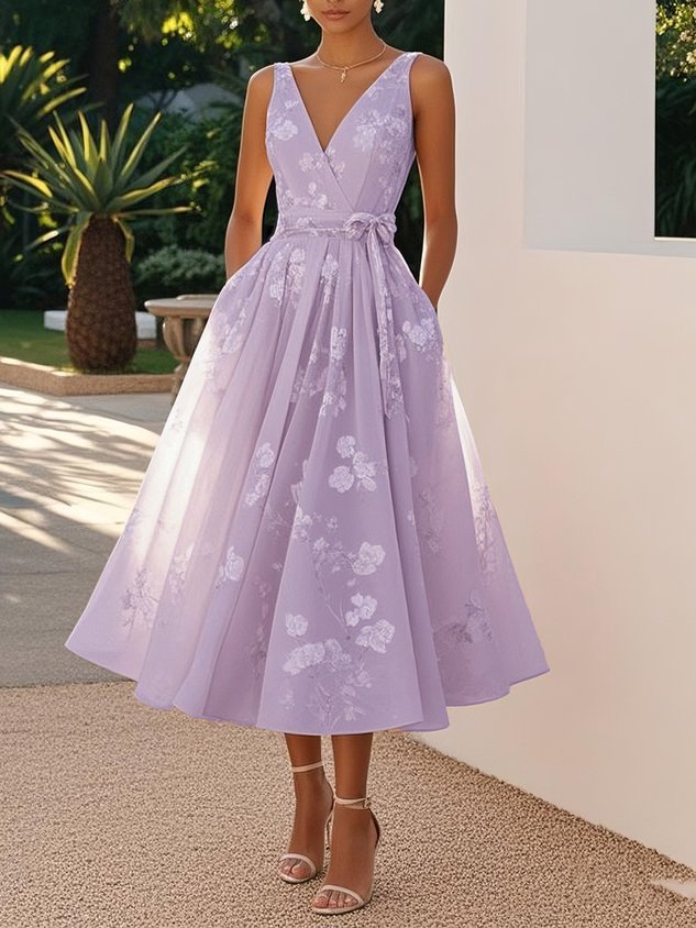 Women's Digital Print V-Neck Sleeveless Dress