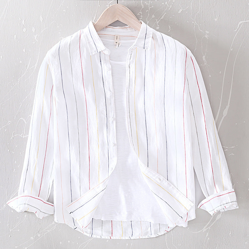 Men's Striped Long Sleeve Linen Casual Shirt