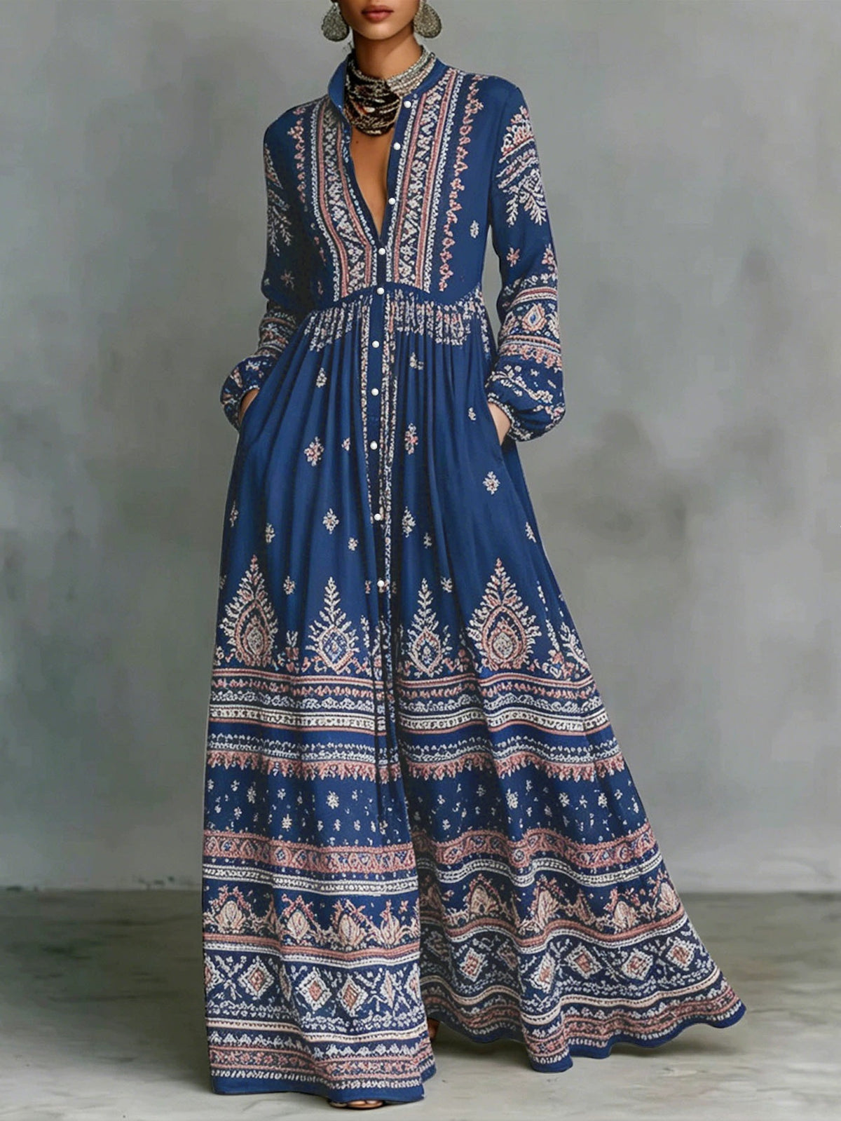Women's Ethnic Print Long Sleeve Dress with Pockets