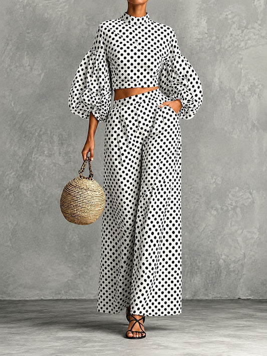 Women's Polka Dot Puff Sleeve Top and Wide-Leg Pants Set