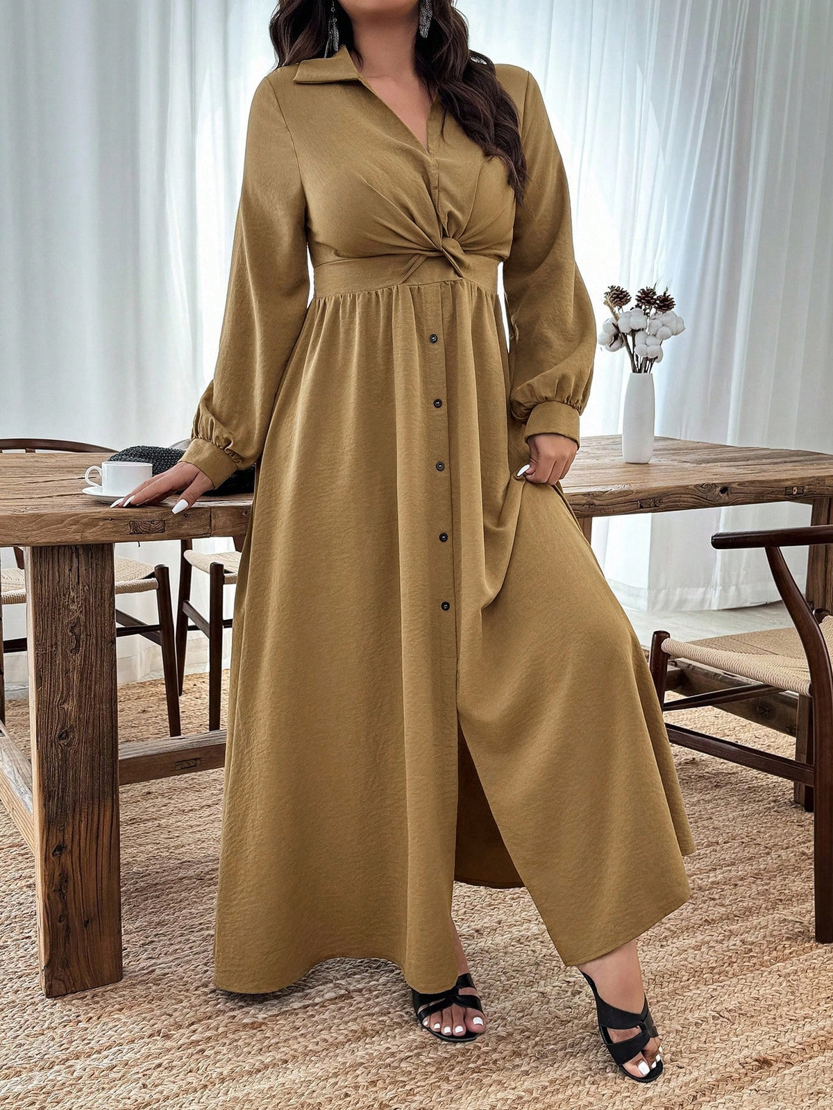 Women's V-Neck Drawstring High Waist Flared Dress