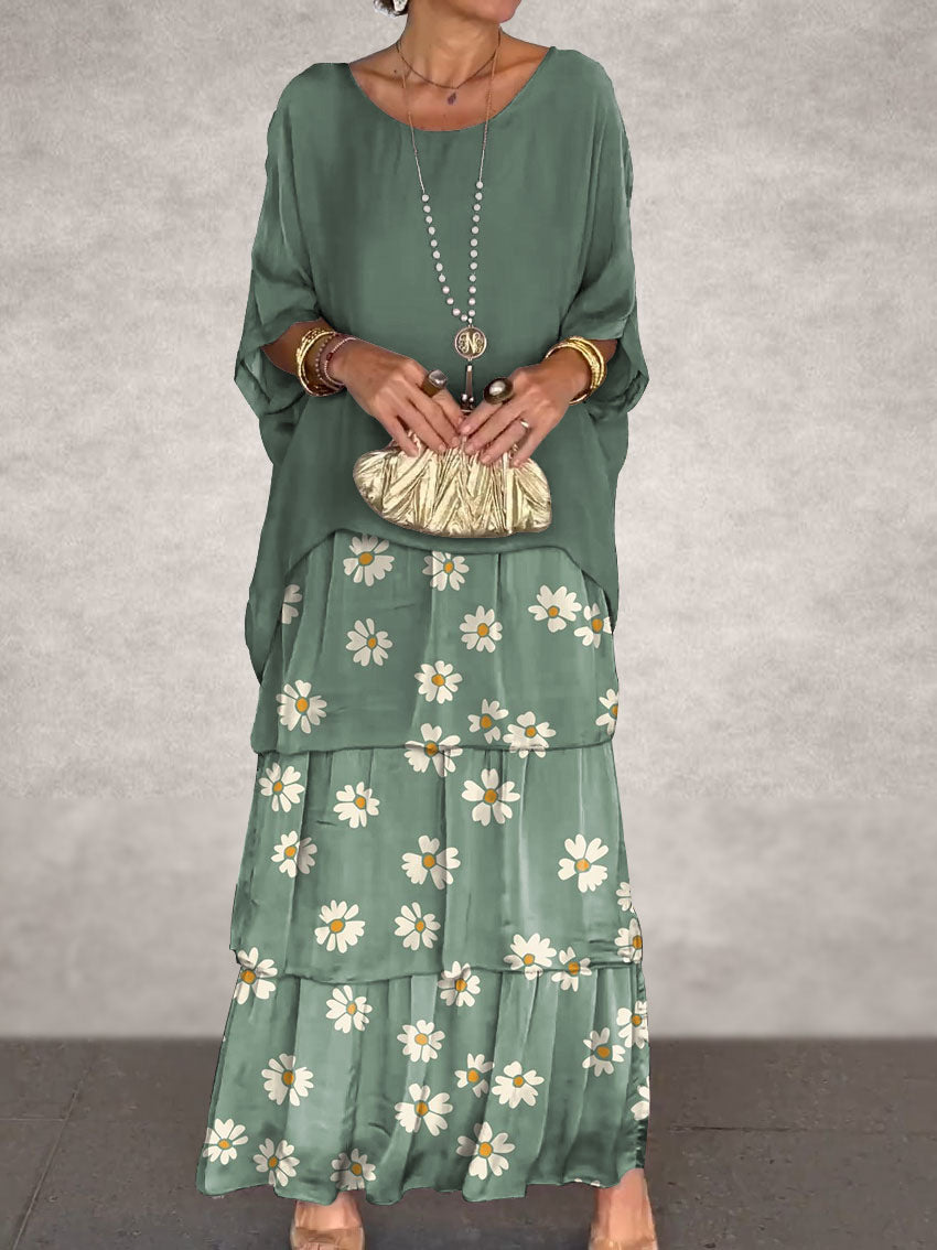 Women's Chiffon Batwing Sleeve Round Neck Long Dress