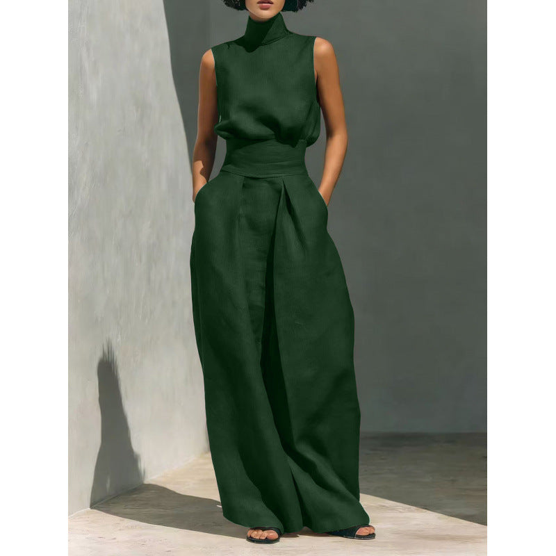 Women's Sleeveless High-Collar Cotton Linen Vest and Wide-Leg Pants Set