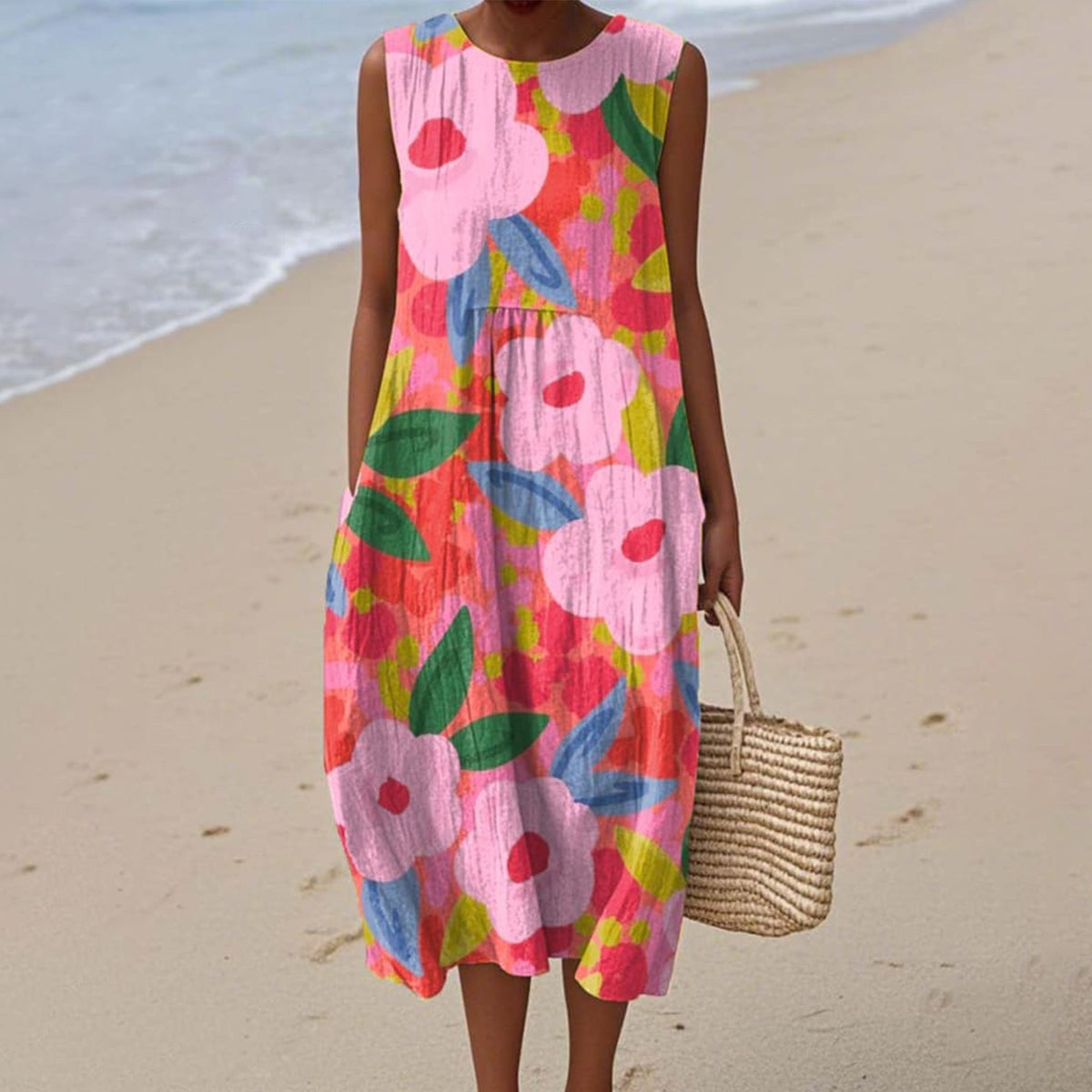 Women's 3D Floral Print Sleeveless A-Line Dress