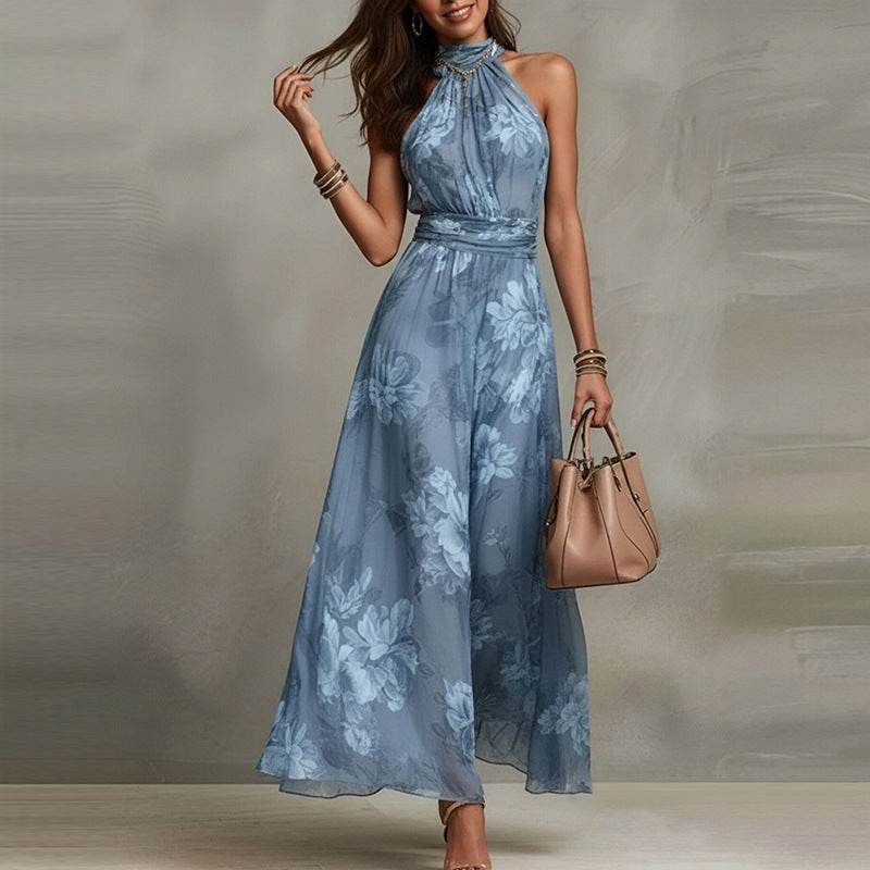 Women's Elegant Print Halter Neck Waist-Cinching Dress