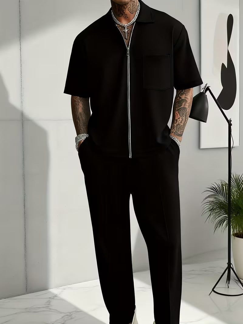 Men's Zip-Collar Short Sleeve and Pants Set