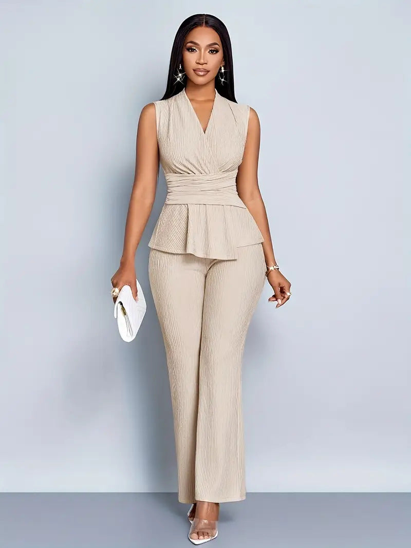 Women's Sleeveless V-Neck Peplum Top and Pants Set