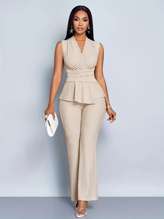 Women's Sleeveless V-Neck Peplum Top and Pants Set