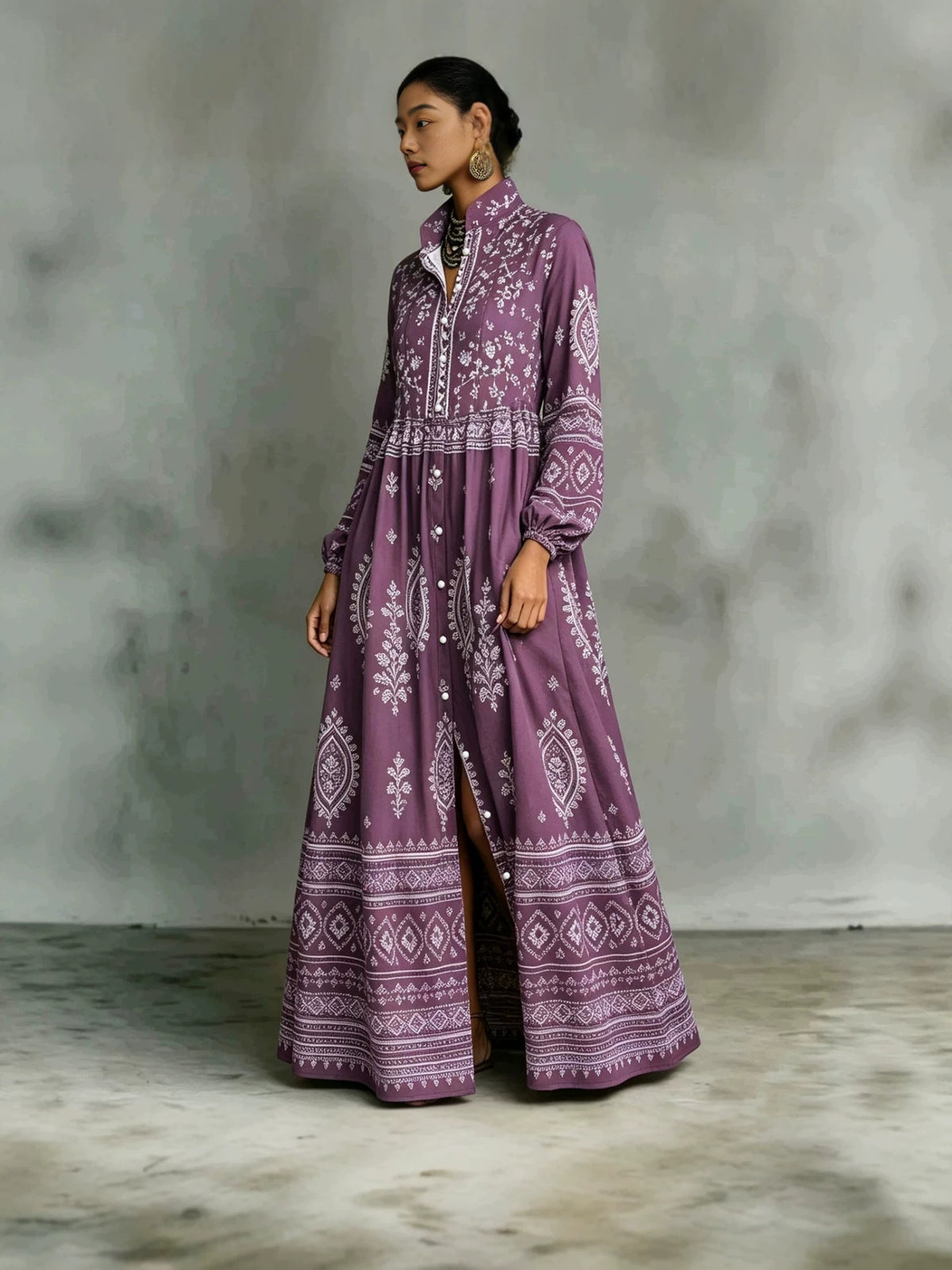 Women's Ethnic Print Long Sleeve Dress with Pockets