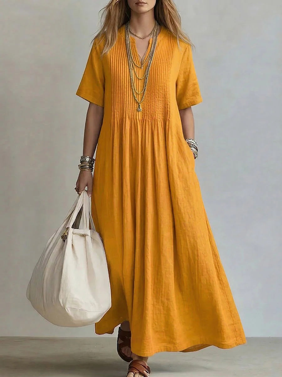 V-Neck Pleated Cotton Linen Dress