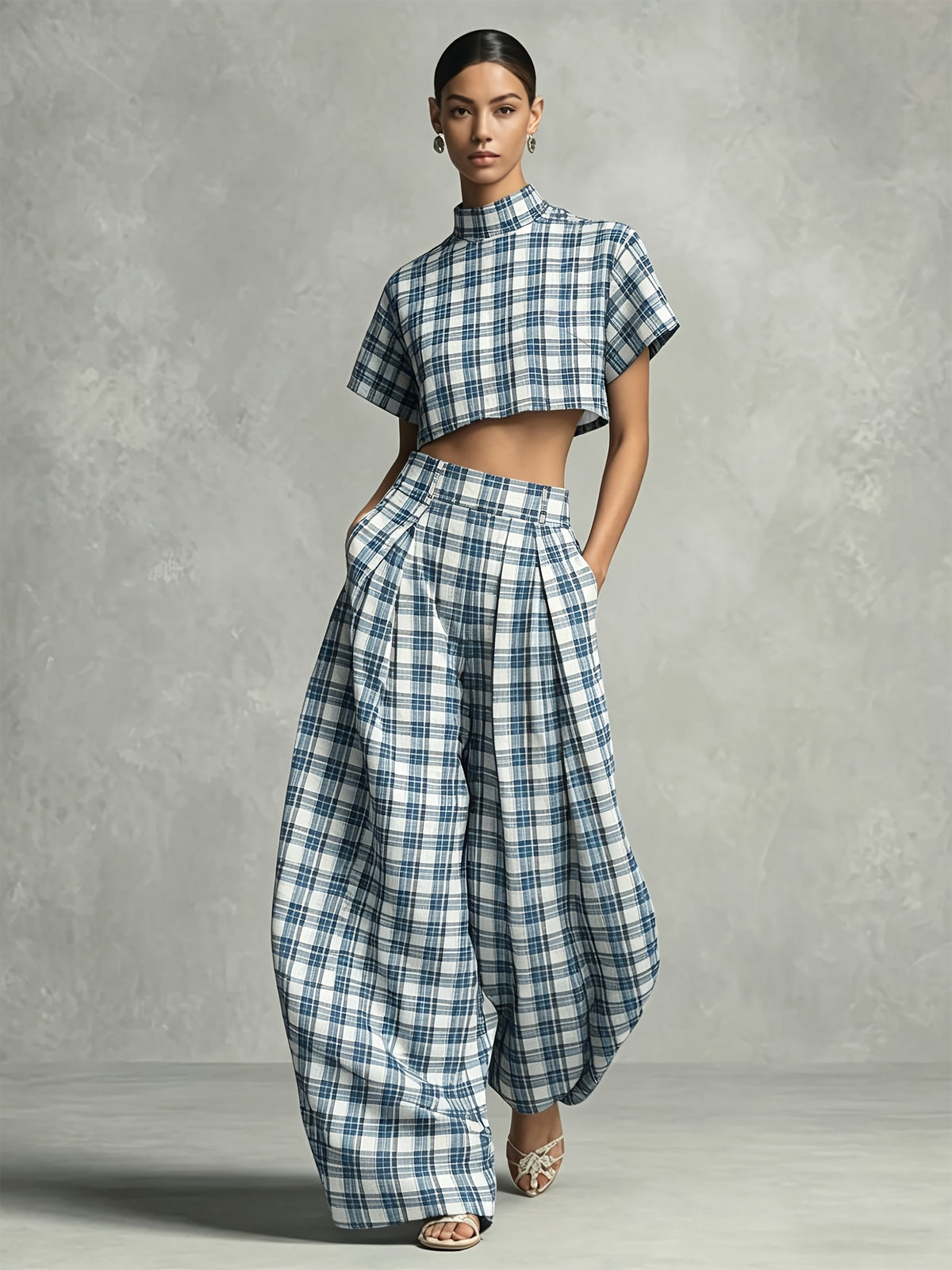 Women's Plaid Top and Wide-Leg Pants Set