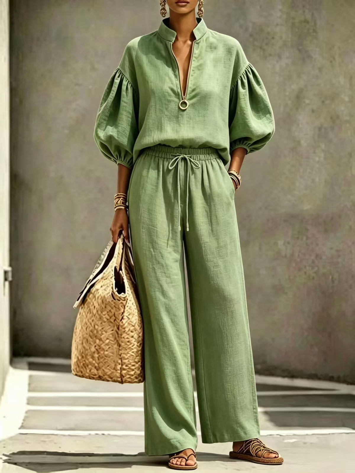 Women's Half-Zip Lantern Sleeve Casual Suit