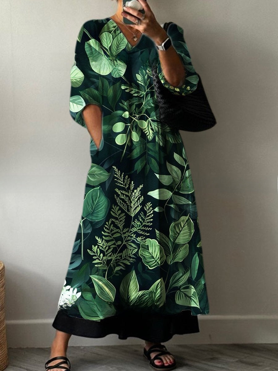 Women's Loose V Neck Long Sleeve Print Dress
