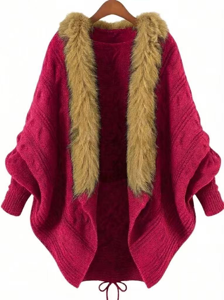 Fur-Collar Batwing Cardigan
