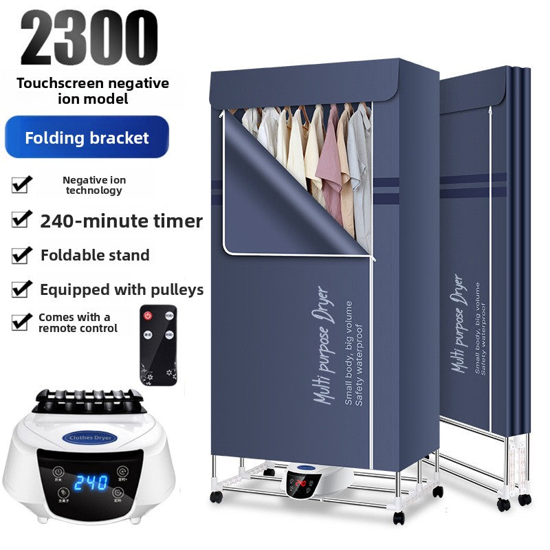 Blue minimal folding clothes dryer with remote control, negative ion model