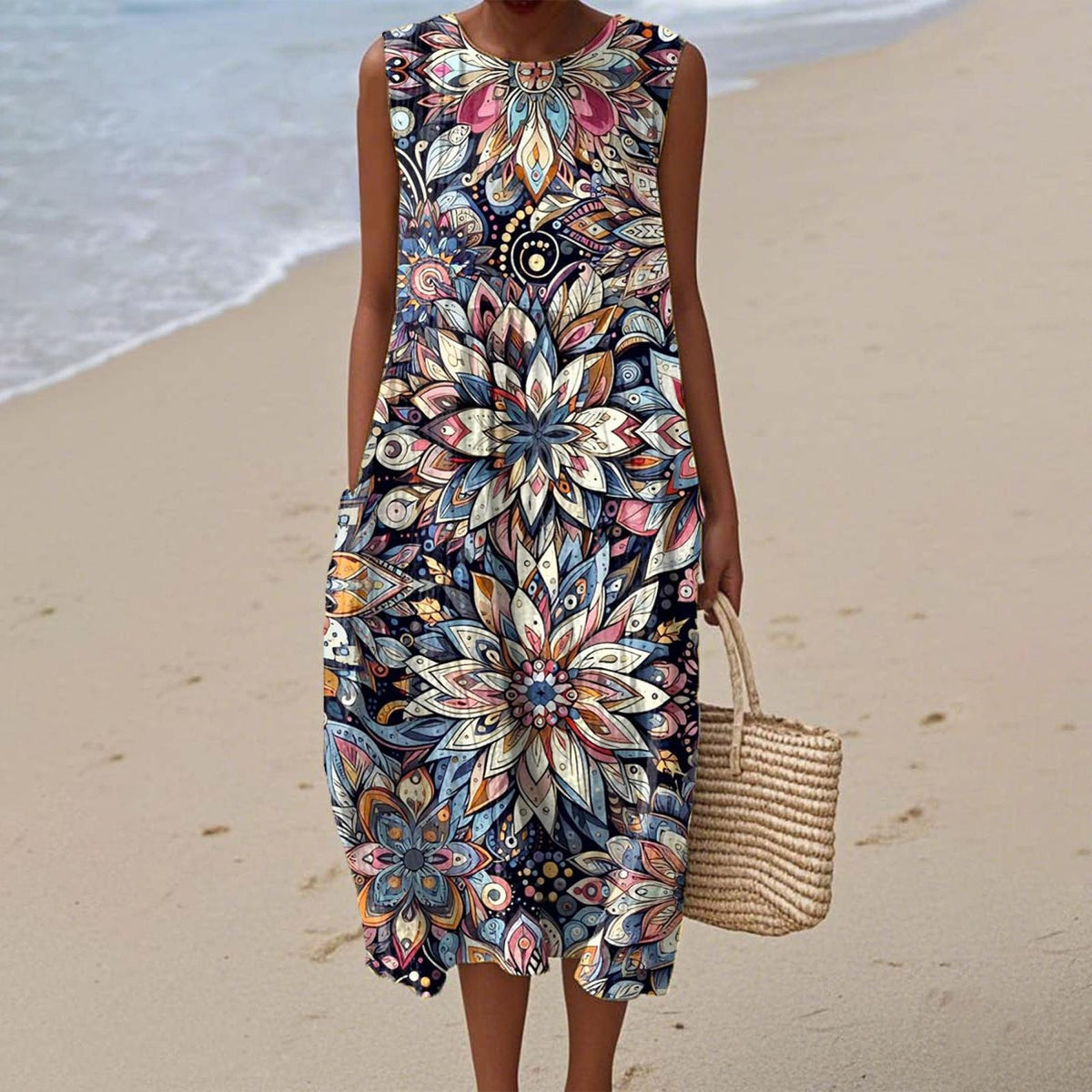 Women's 3D Floral Print Sleeveless A-Line Dress