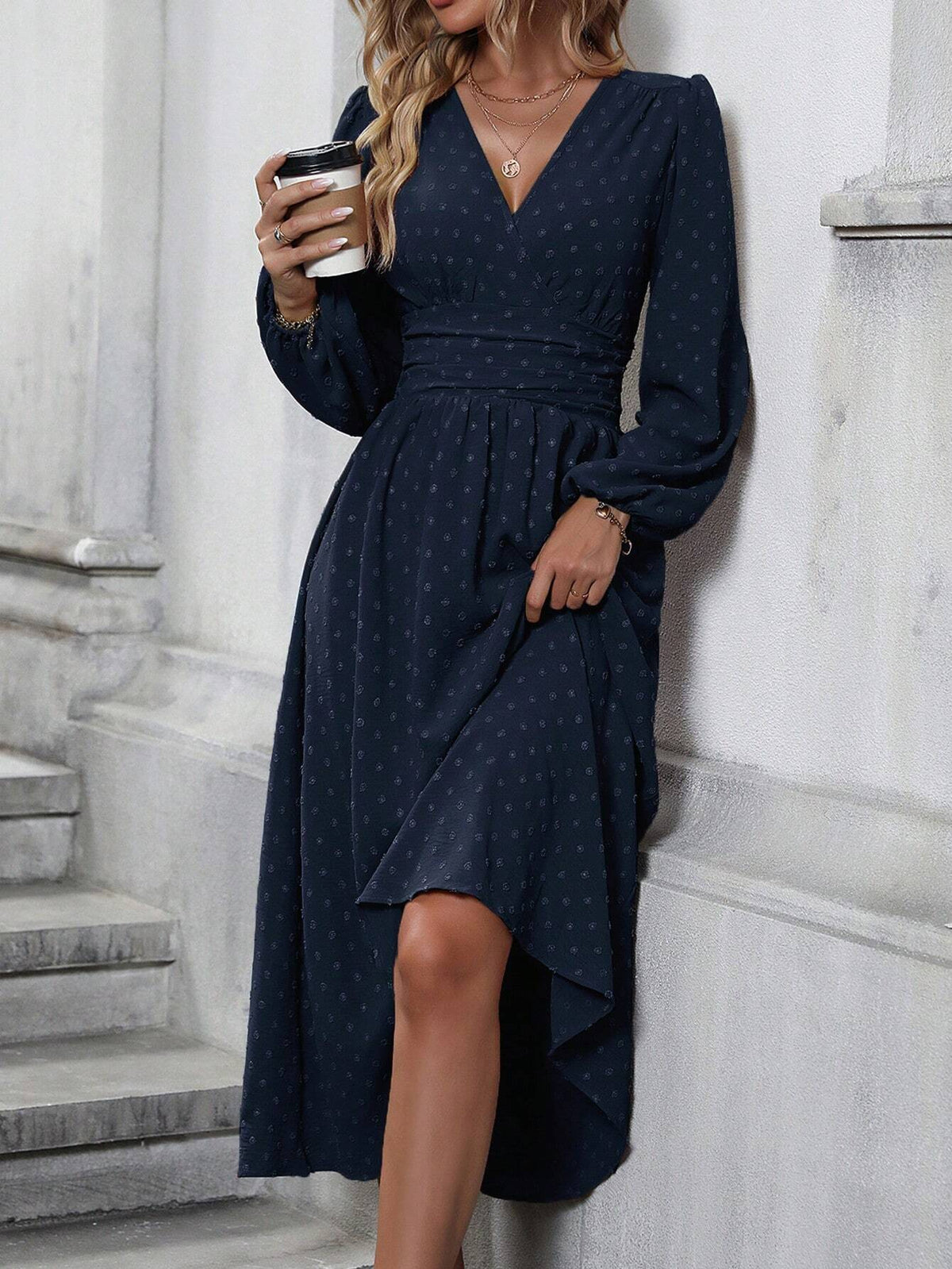 Fur Trim Lantern Sleeve Pleated Dress