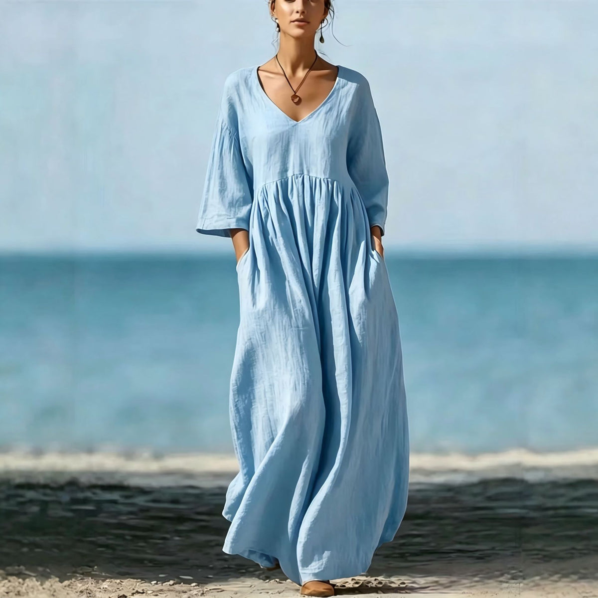 Women's V-Neck Cotton Linen A-Line Dress