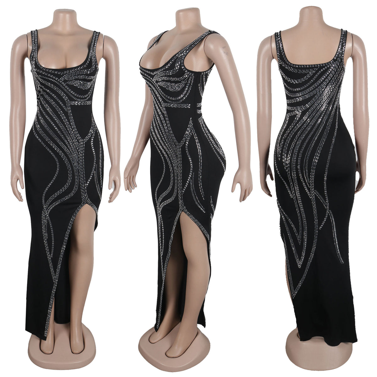Women's Diamond Detail Slit Elastic Bodycon Dress