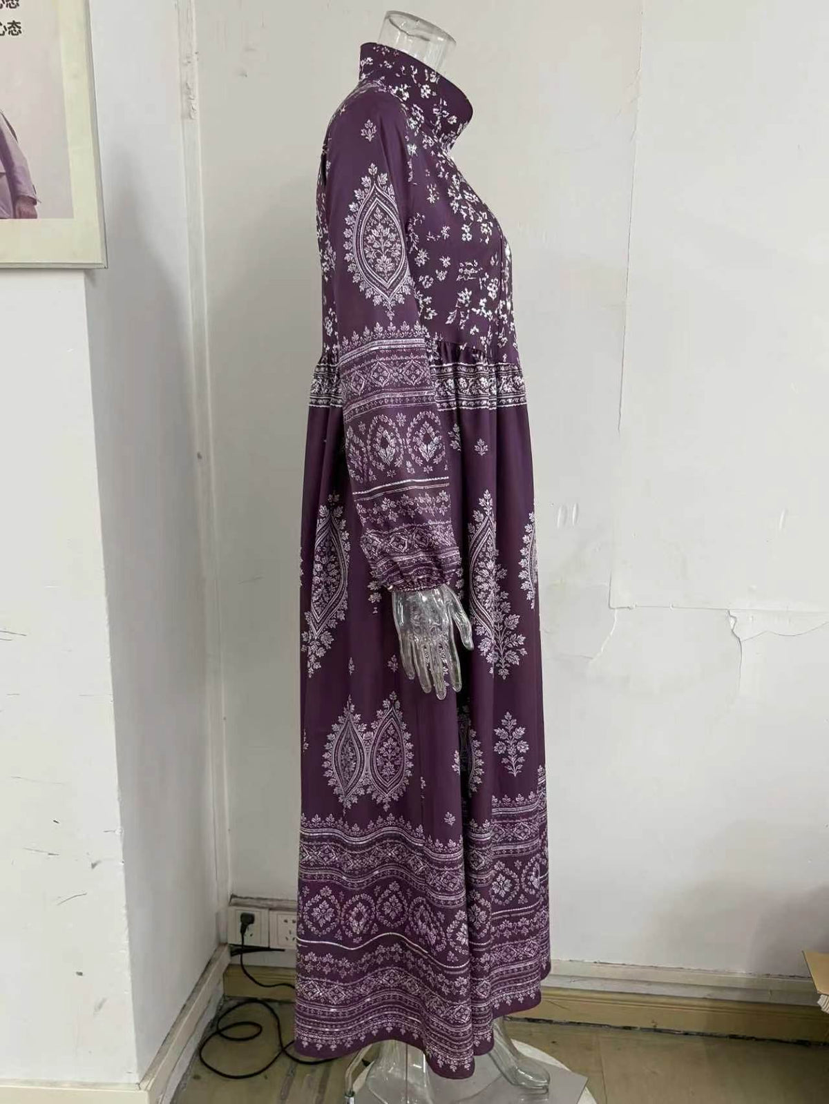 Women's Ethnic Print Long Sleeve Dress with Pockets