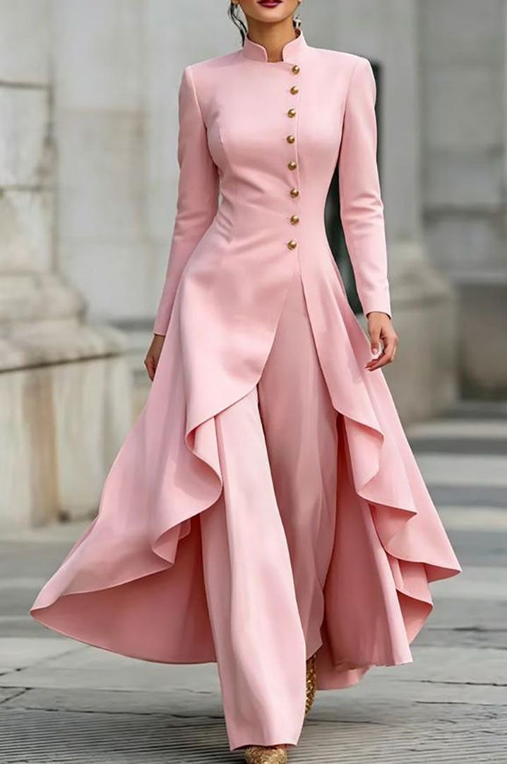 High Collar Top and Midi Skirt Set in Pink