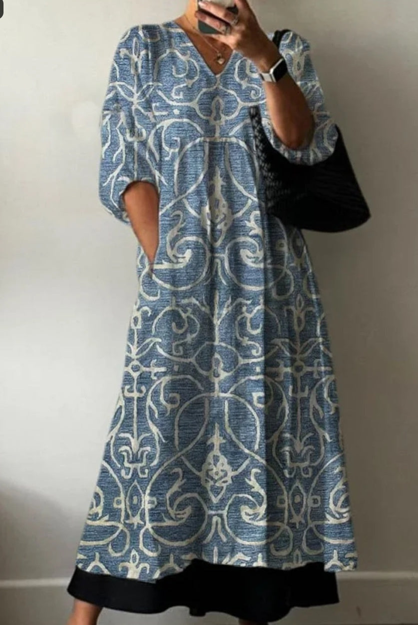 Women's Loose V Neck Long Sleeve Print Dress