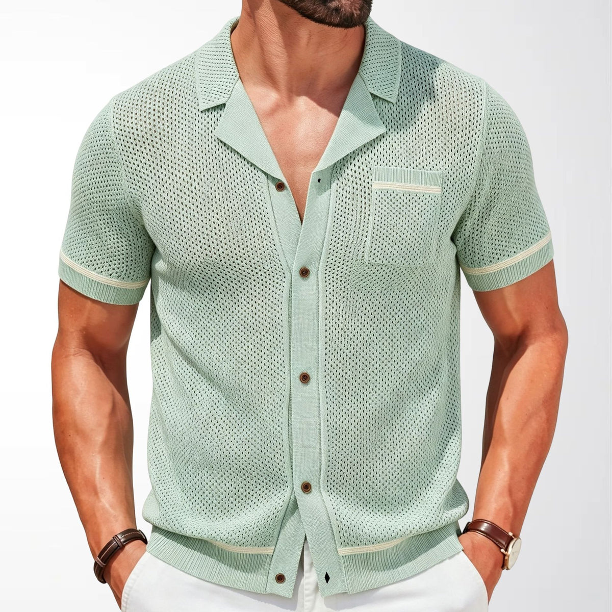 Men's Short-Sleeve Cuban Collar Knit Polo Shirt