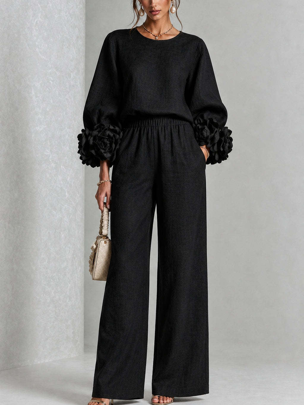 Women's Lantern Sleeve Top and Wide-Leg Pants Set with Ruffled Cuffs