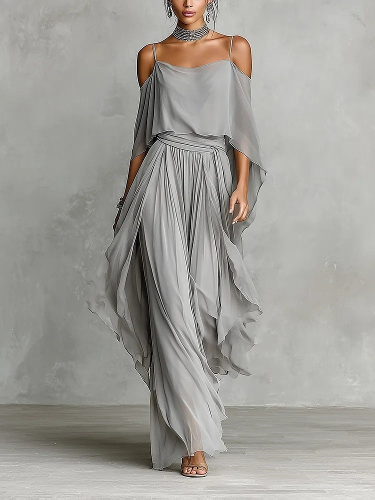 Women's Chiffon Off-Shoulder Top and Wide-Leg Pants Set
