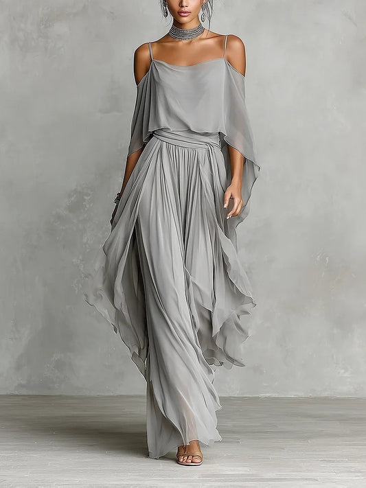 Women's Chiffon Off-Shoulder Top and Wide-Leg Pants Set