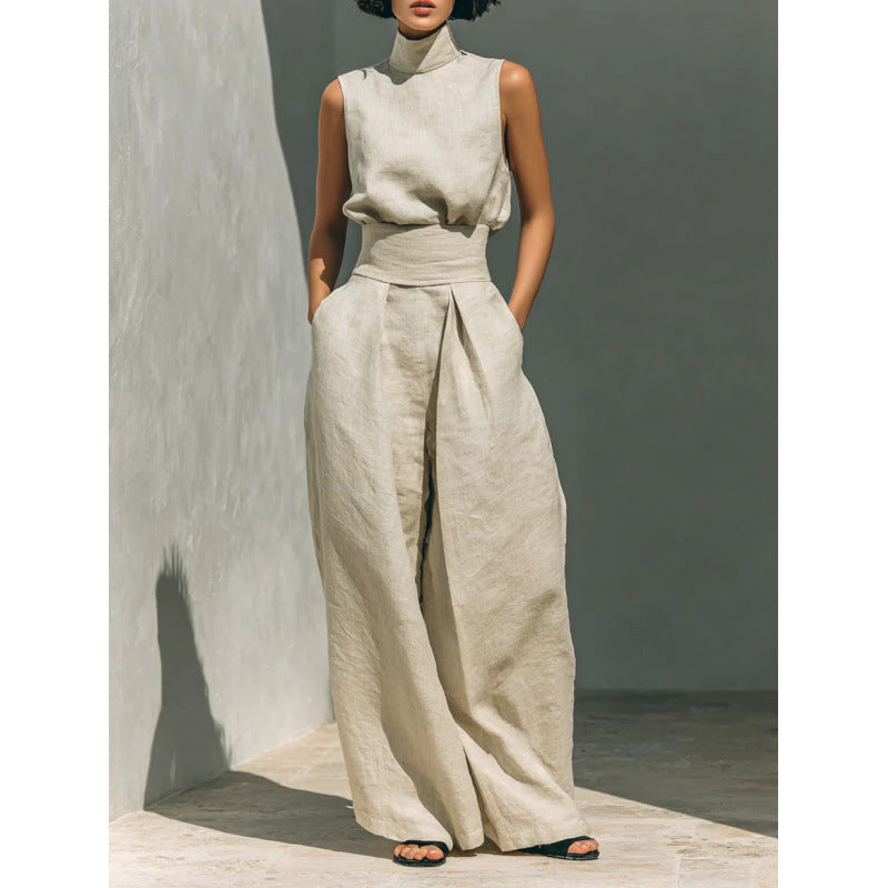 Women's Sleeveless High-Collar Cotton Linen Vest and Wide-Leg Pants Set