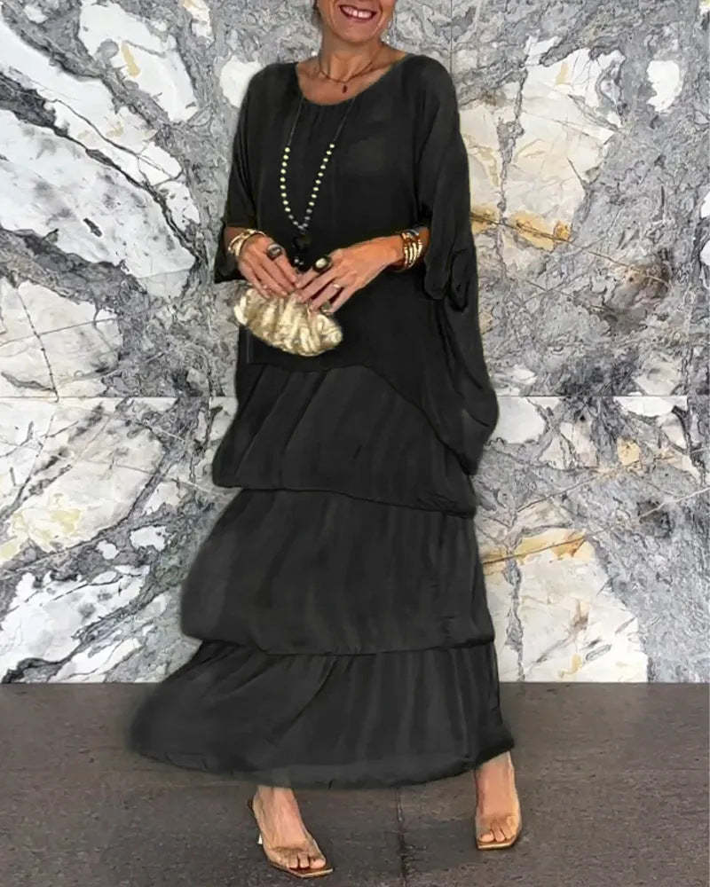 Women's Chiffon Batwing Sleeve Round Neck Long Dress
