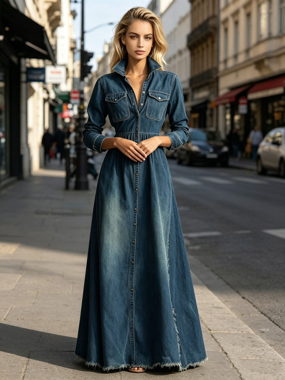 Women's Slim-Fit Vintage Long Sleeve Denim Dress