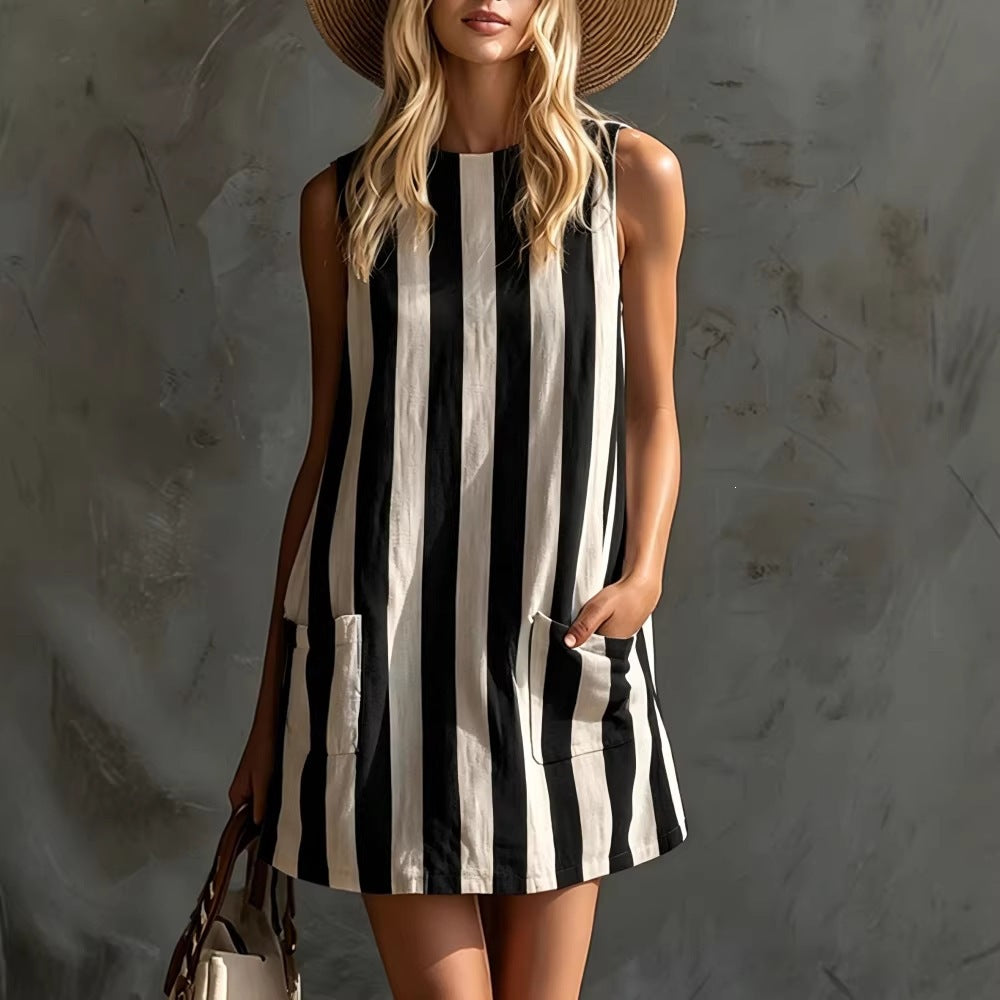 Women's Retro Striped Sleeveless Round Neck Tank Dress
