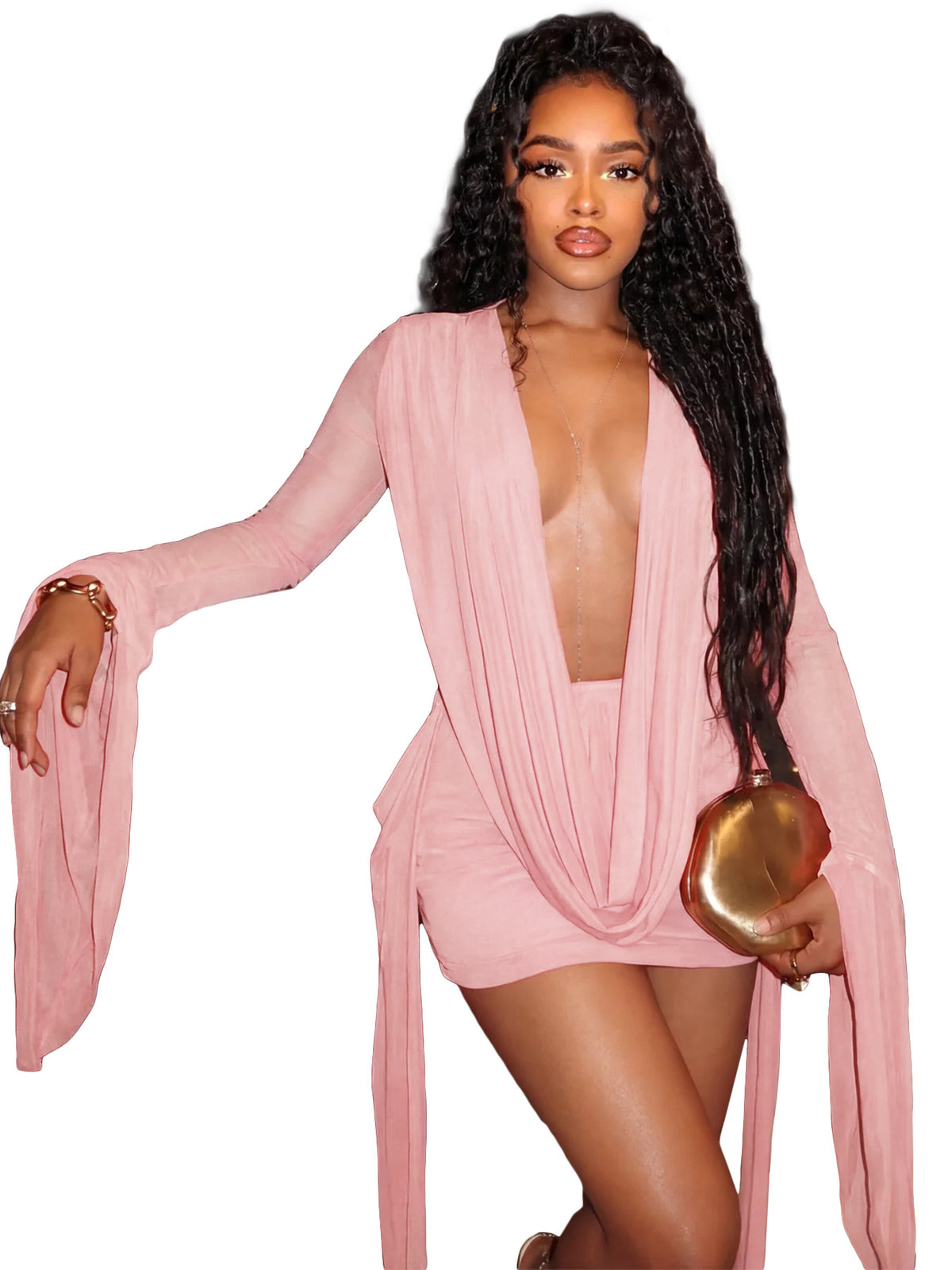 Women's Mesh Deep V-Neck Open Back Bodycon Dress