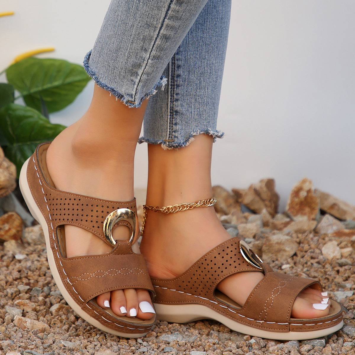 Women's Perforated Leather Wedge Sandals