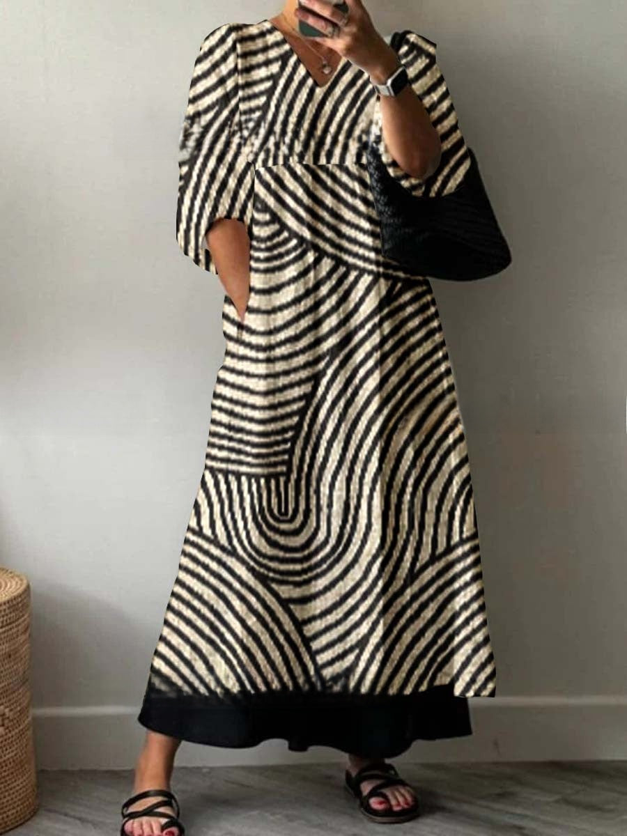 Women's Loose V Neck Long Sleeve Print Dress