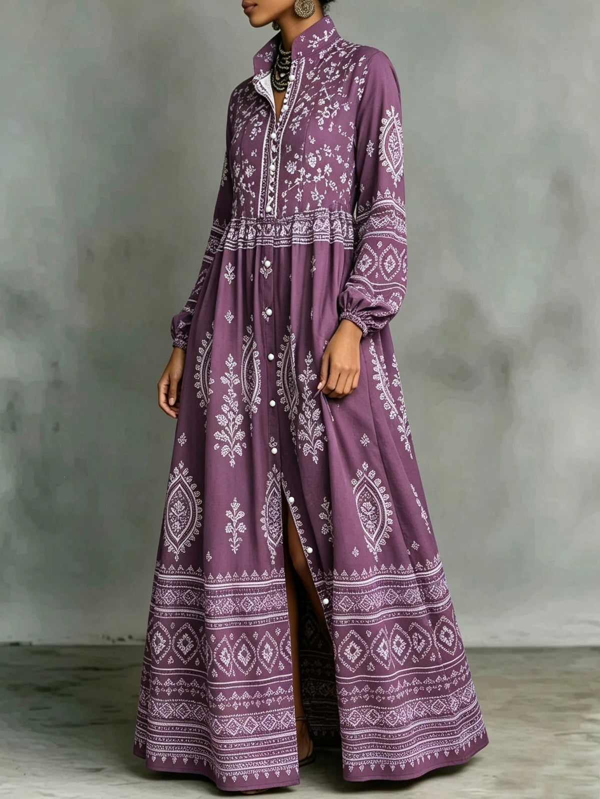 Women's Ethnic Print Long Sleeve Dress with Pockets