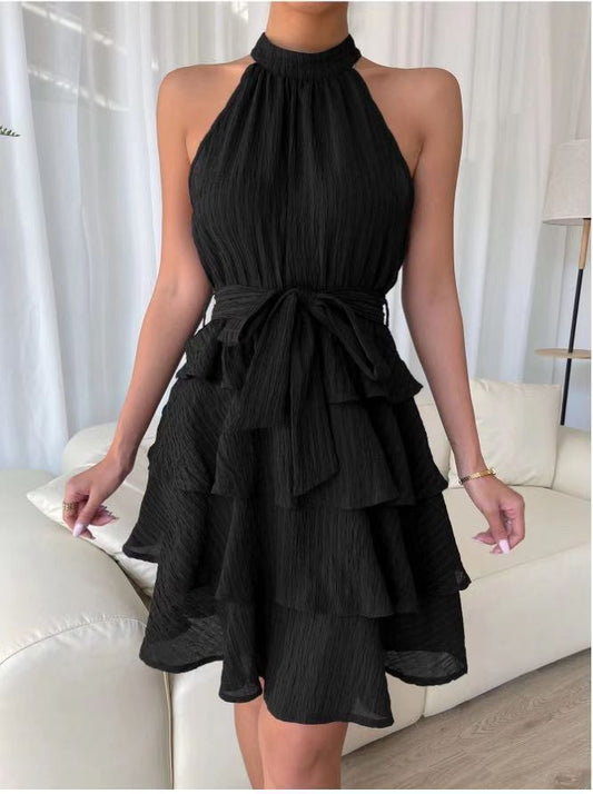 Women's Halter Neck Lace-Up Ruffle Hem Mini Dress